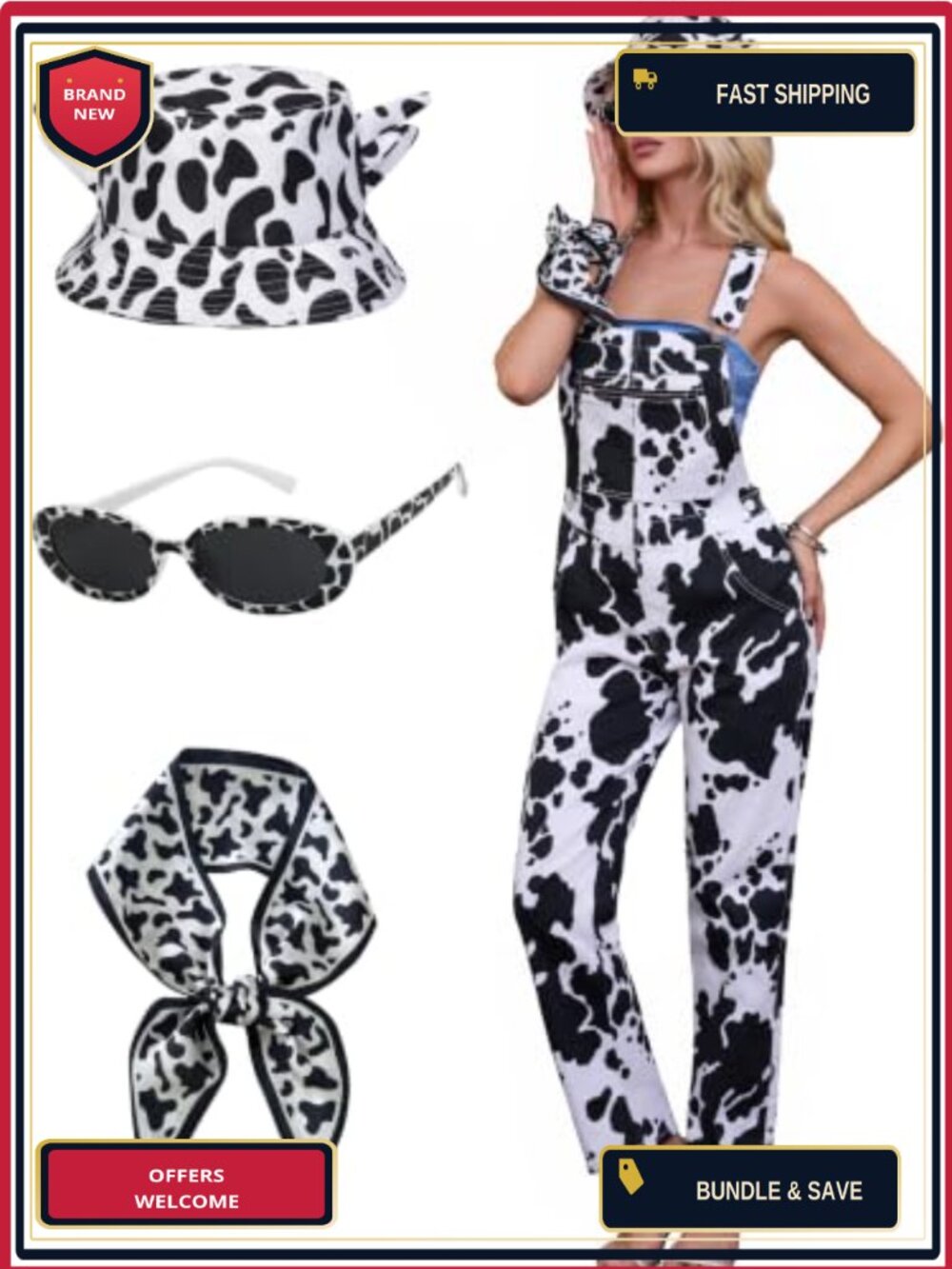 4 Pcs Cow Print Overalls Set with Hat Glasses Bandana